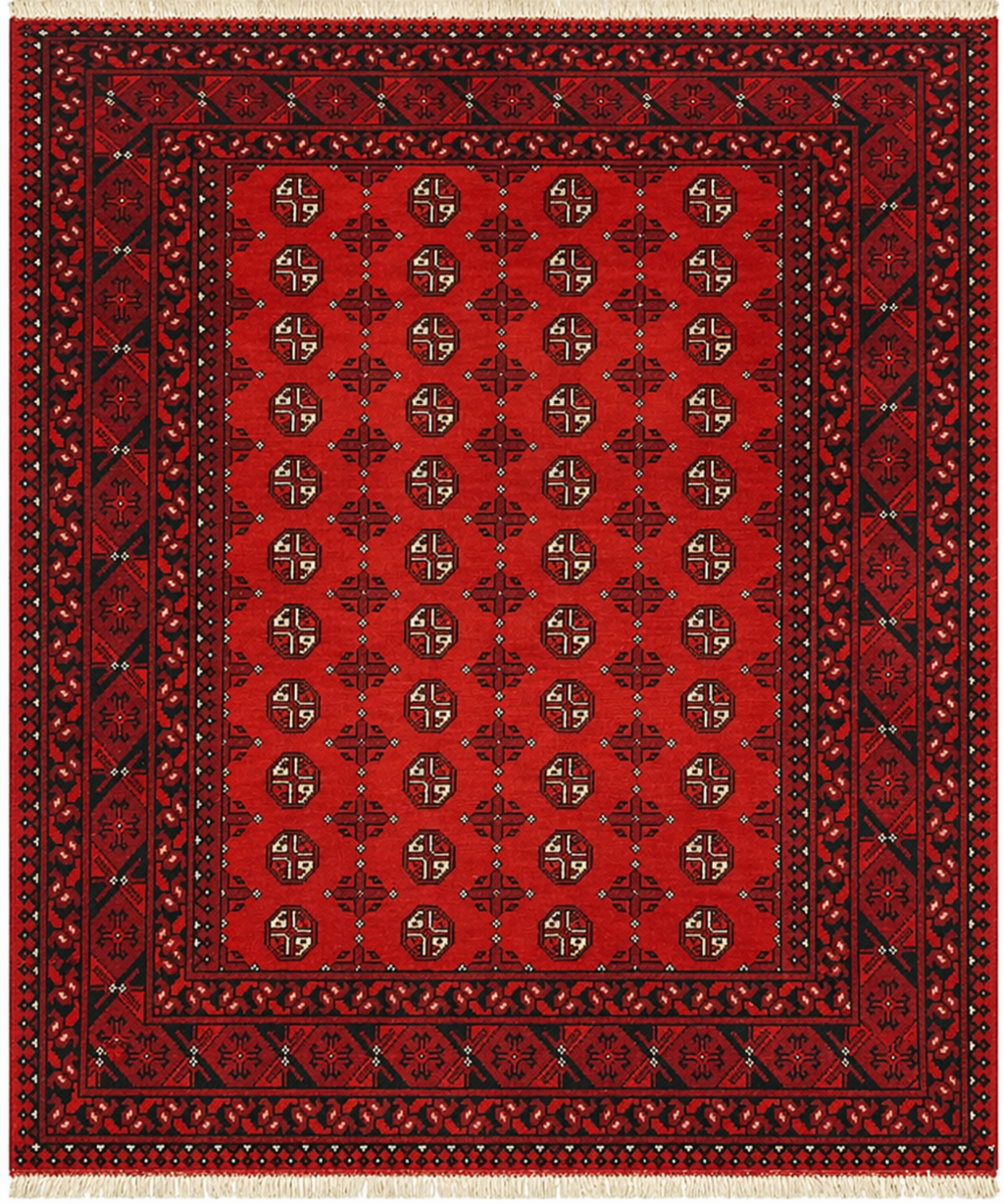 Red patterned rug with intricate designs on a white background